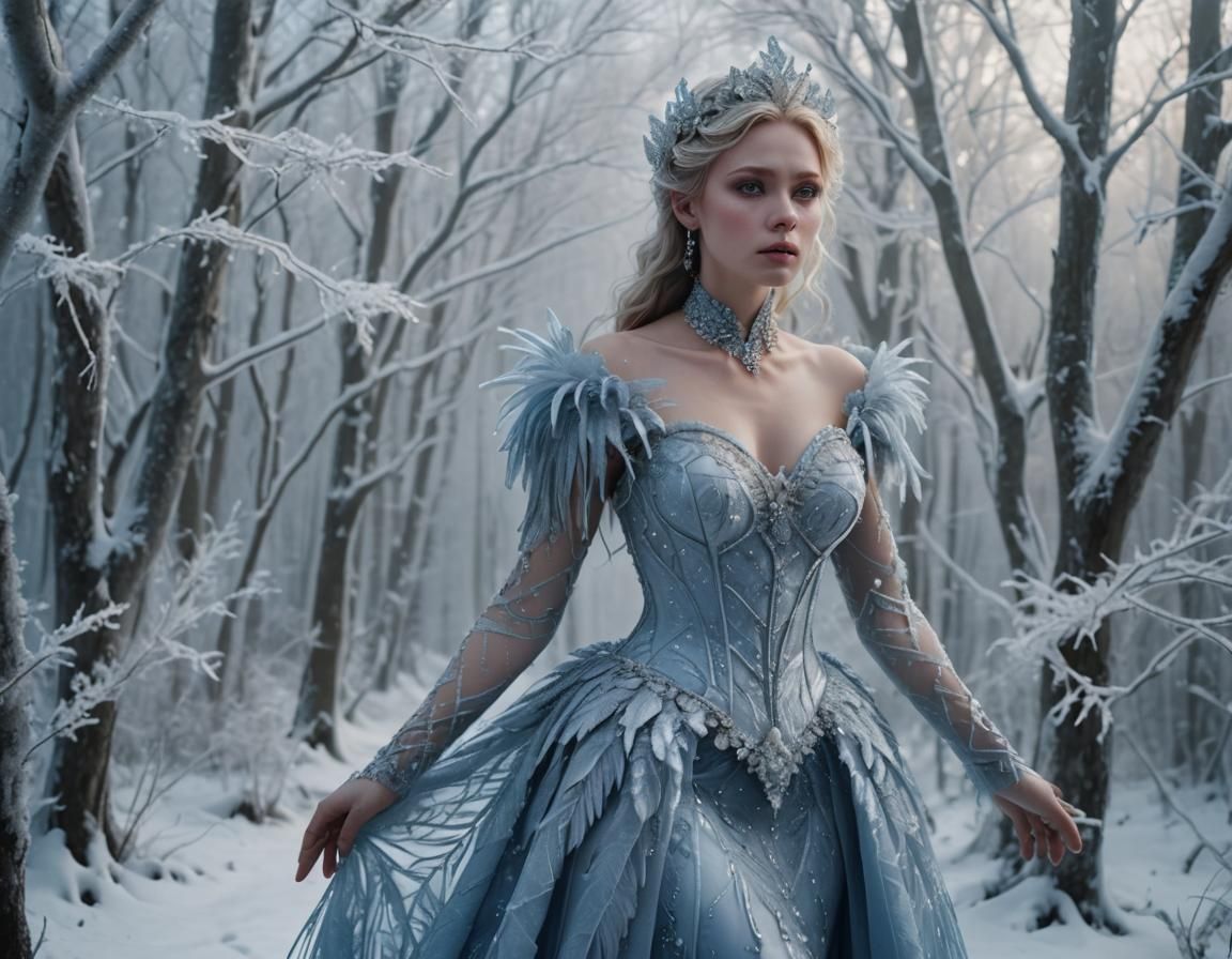 Ethereal Ice Goddess in Winter Forest