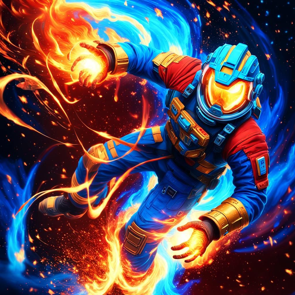 Fiery Galaxy: A Man in Blue and Red Flames