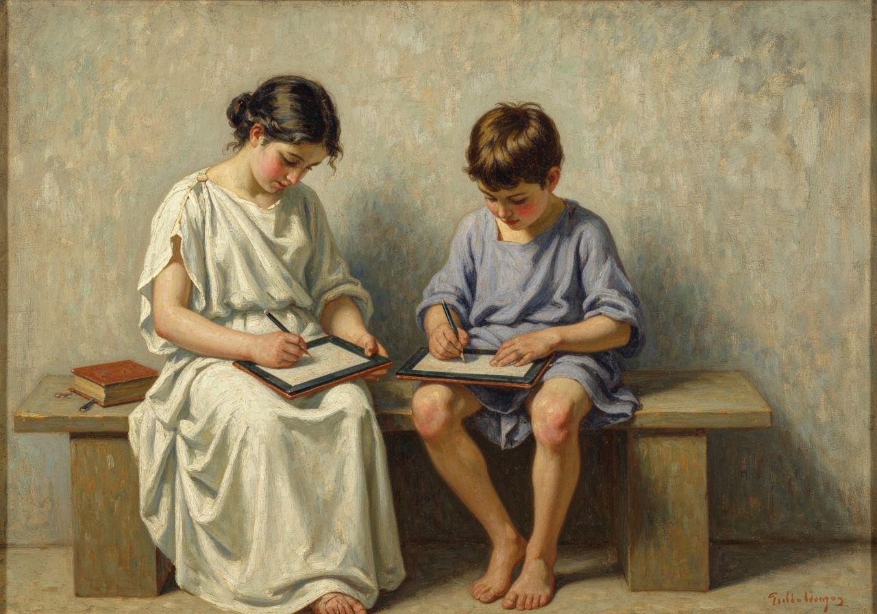 Ancient Greek Children Study in Peristylium, Impressionist S...