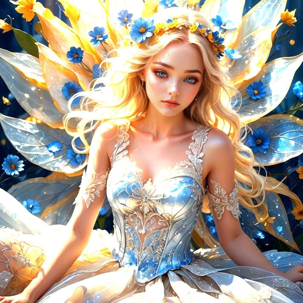 Blonde Fairy Girl on Blue Flower, Fantasy Art