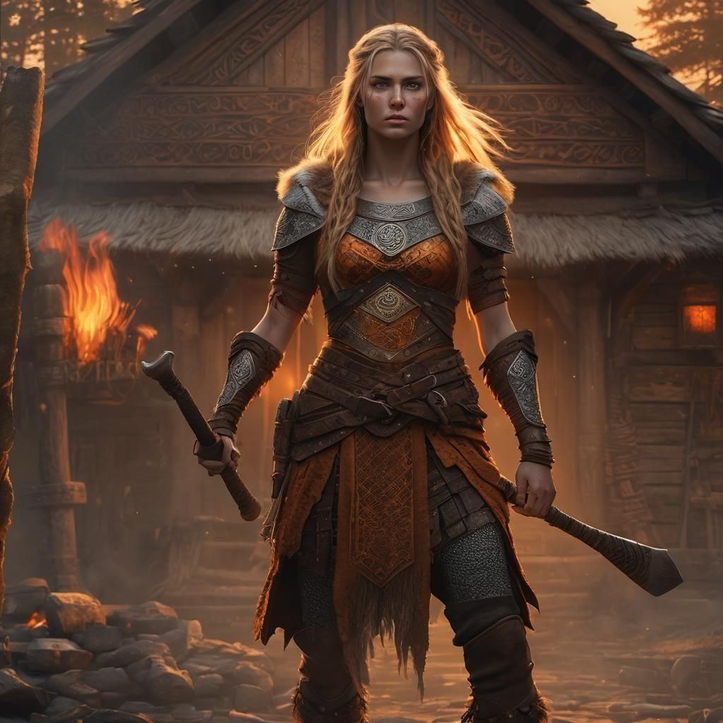 Viking Warrior Woman in Fiery Sunset Splendor