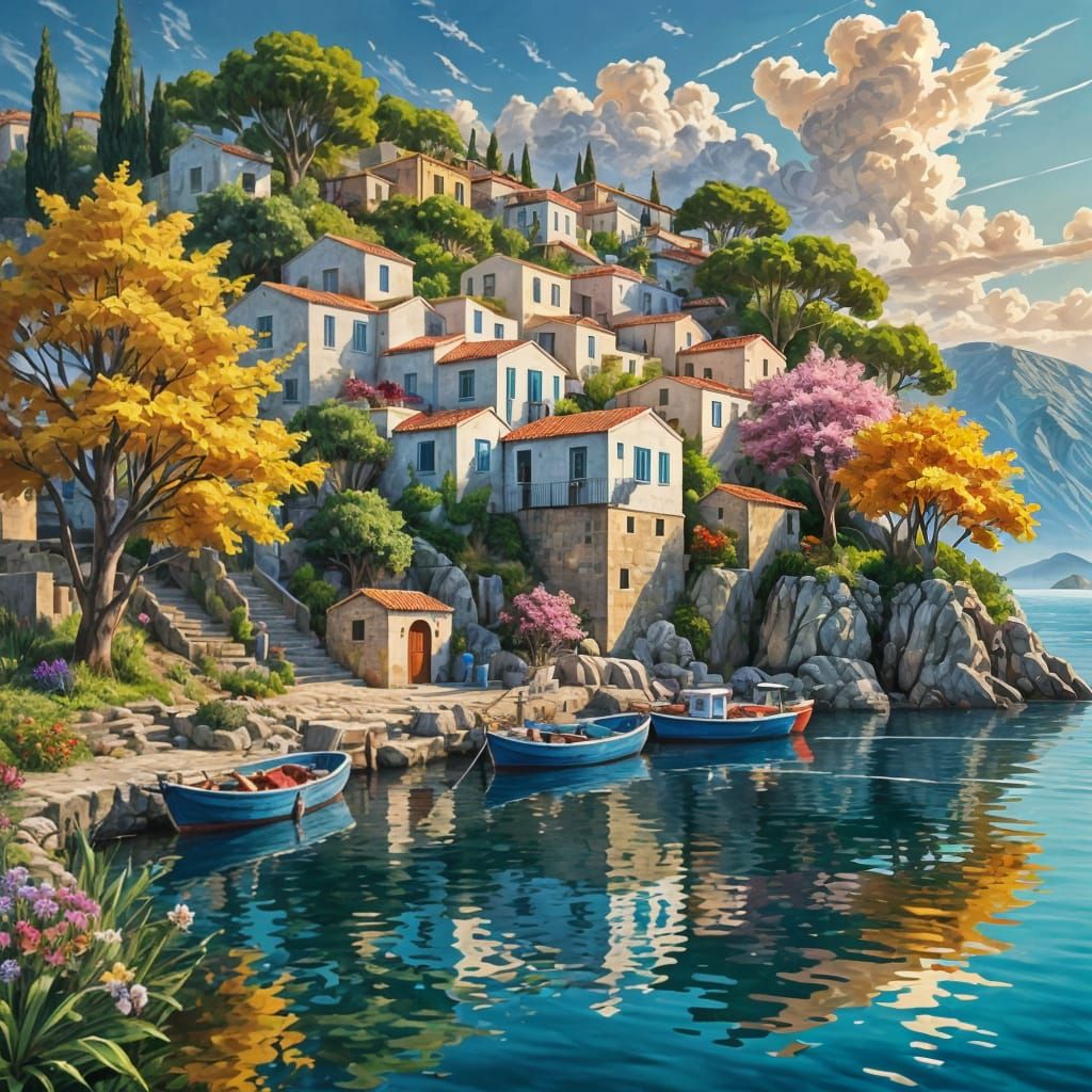 Picturesque Greek Seaside Village in Hyperrealistic Style