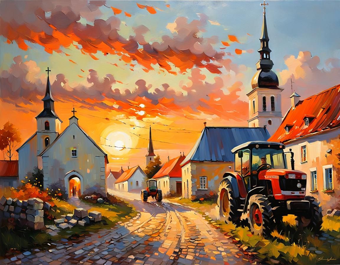 Estonian Village Sunset: Oil Painting with Tractor