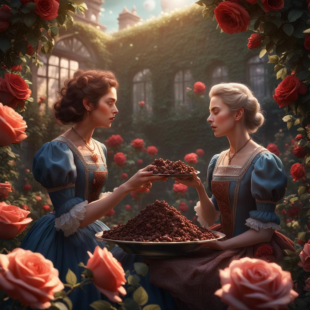 Women Share Chocolate in Rose Garden: Matte Painting