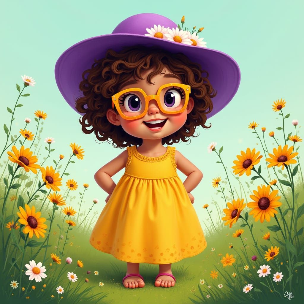 Vibrant Cartoon Girl in Yellow Sundress with Purple Hat