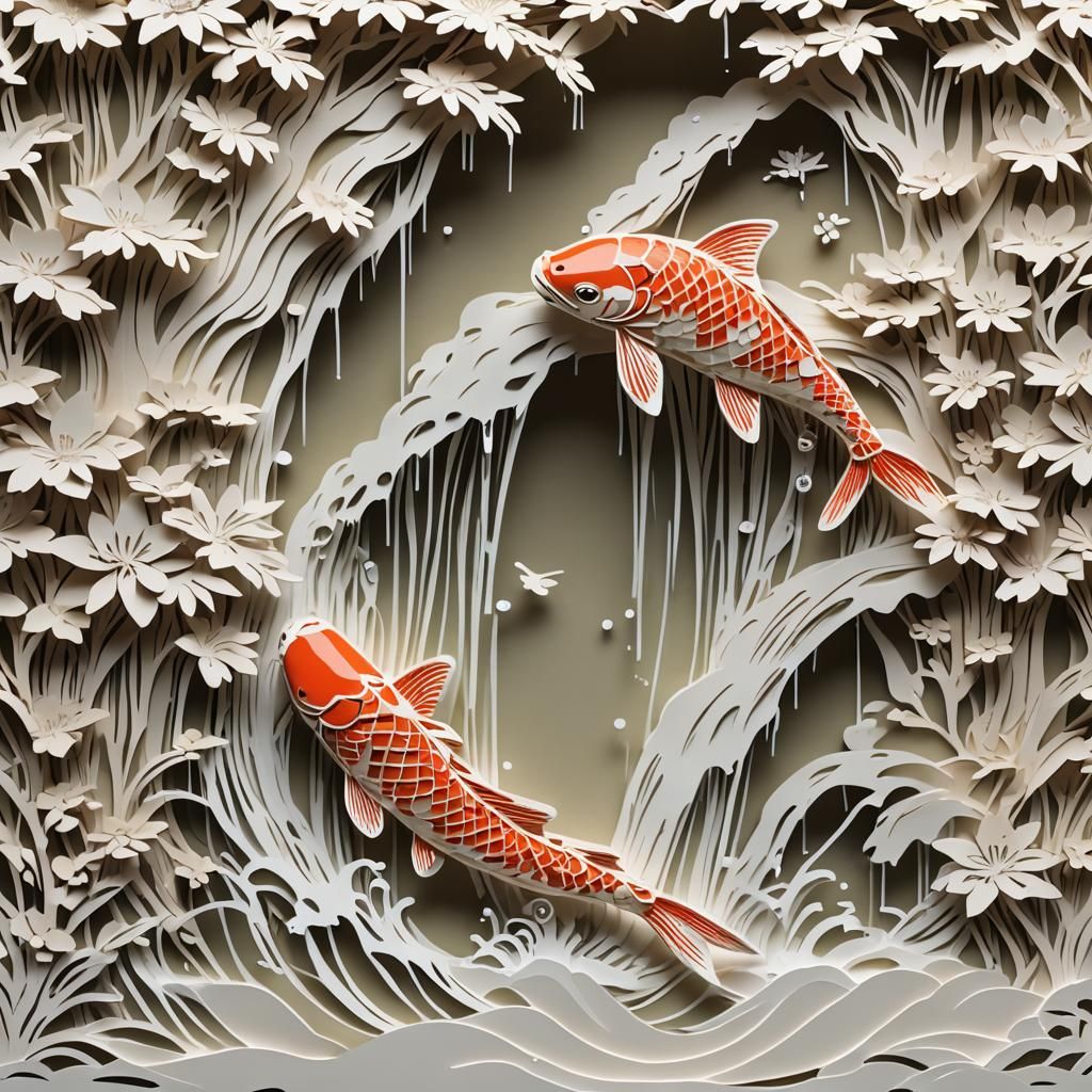 Kirigami Koi Leaping Up Waterfall Sculpture