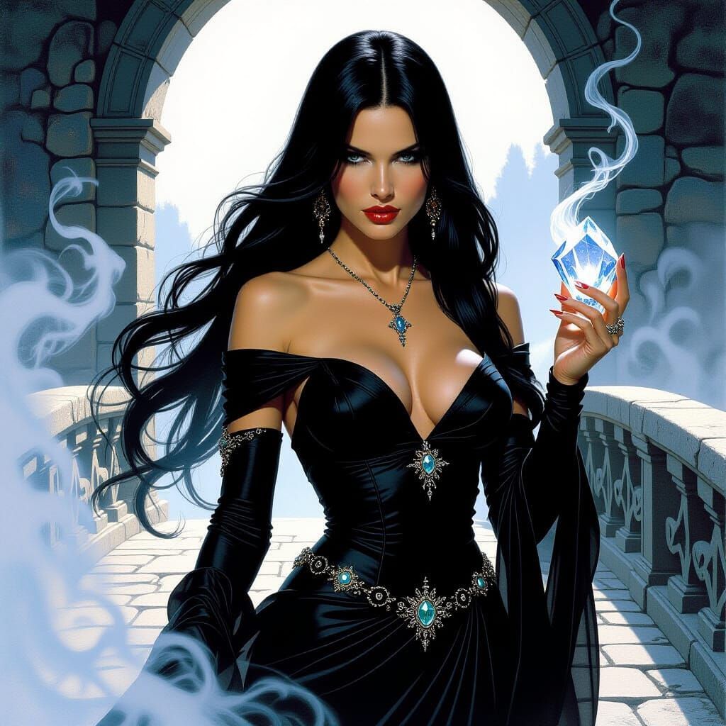 A woman clad in minimal, ornate black attire and long black ...