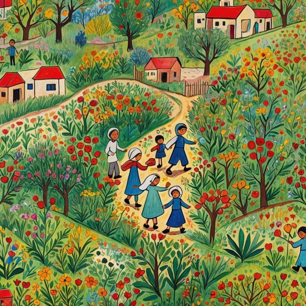 Colorful Naive Art of Palestinian Children at Play