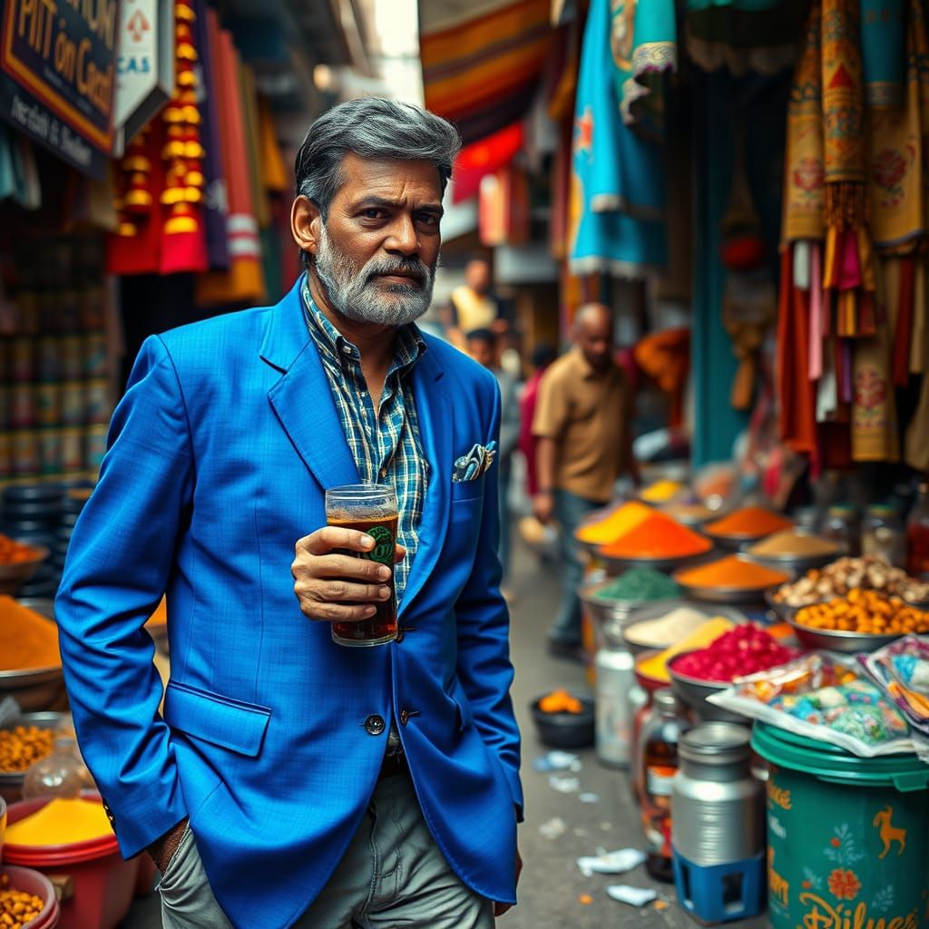 Indian Man in Vibrant Blue Blazer Walks Through Mumbai Marke...