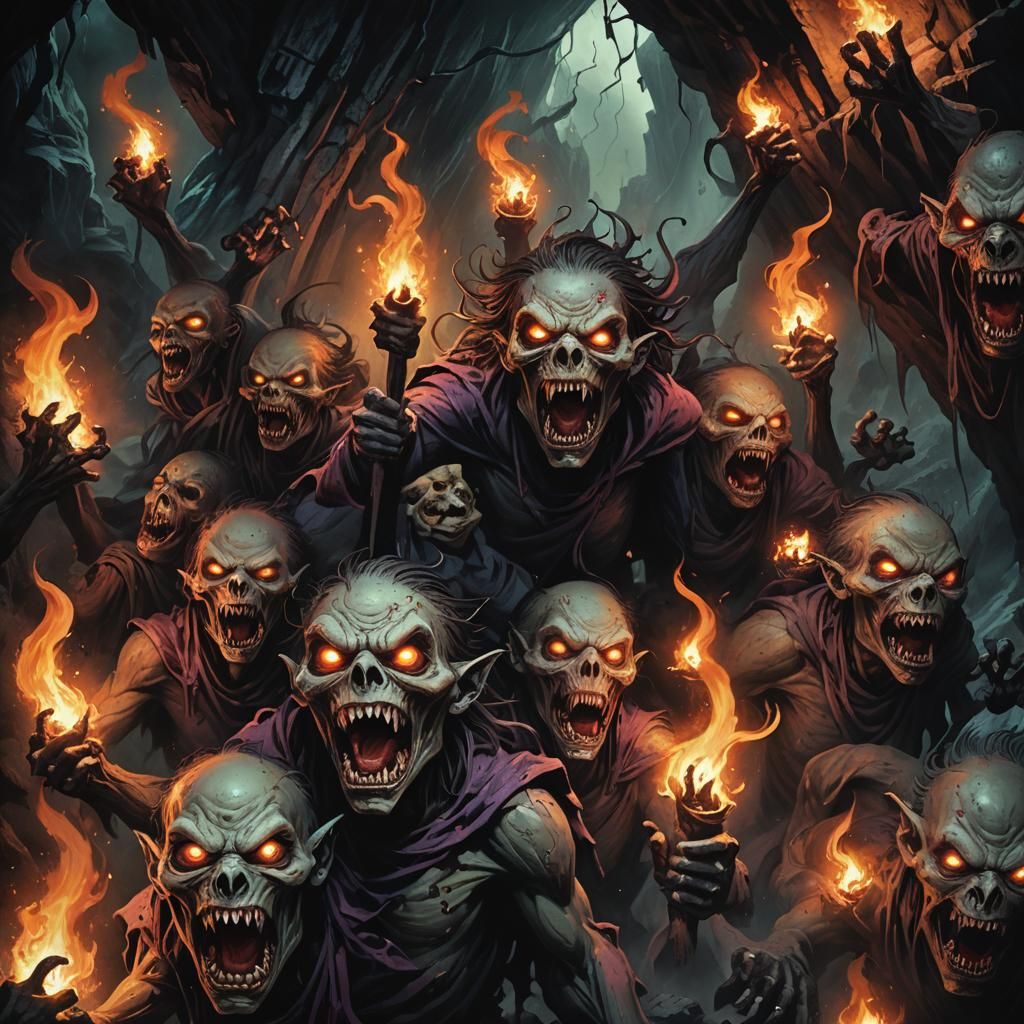 Ghouls Bursting Forth from Dark Cave in Dark Fantasy Art