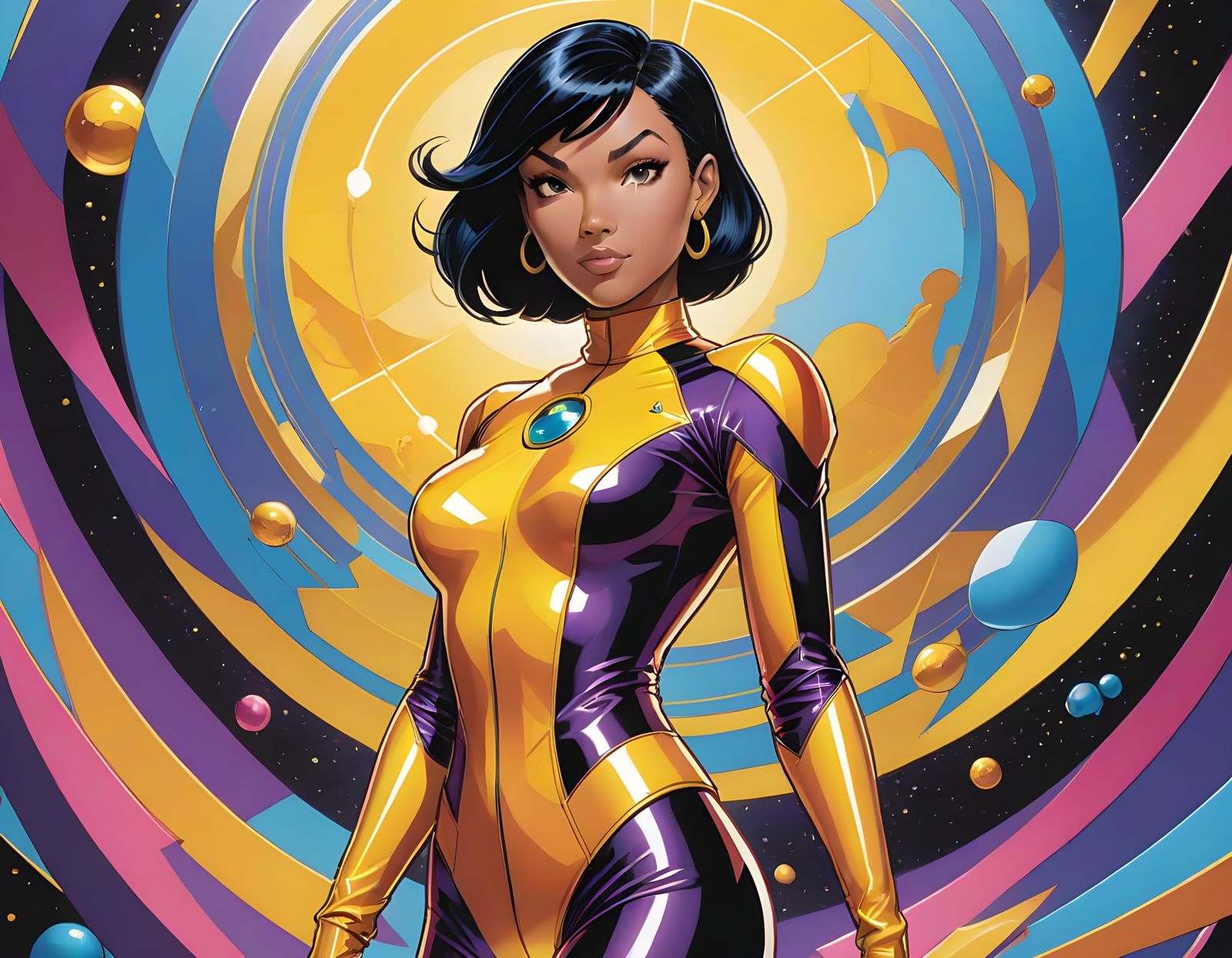 Glamorous Spy in Vibrant Latex Bodysuit