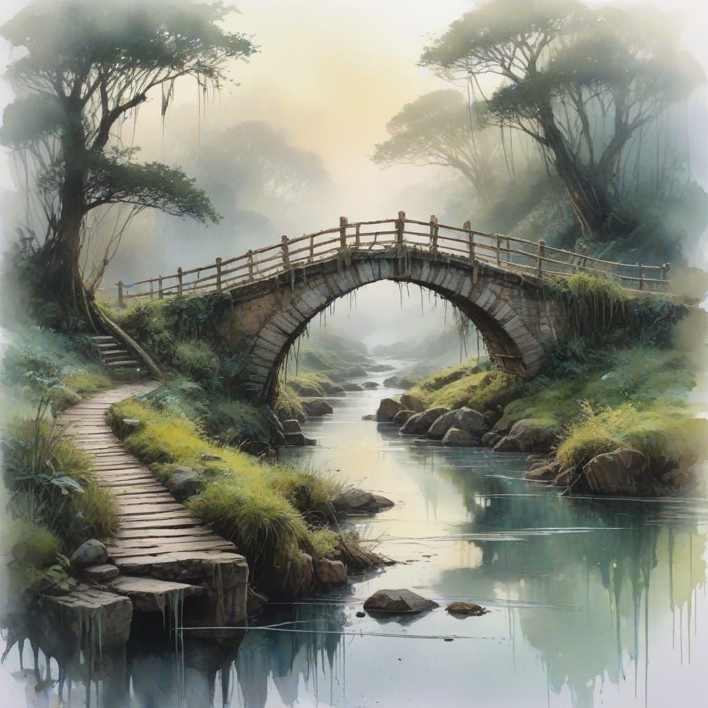Surreal Watercolour Landscape of Ancient Bridge at Dawn
