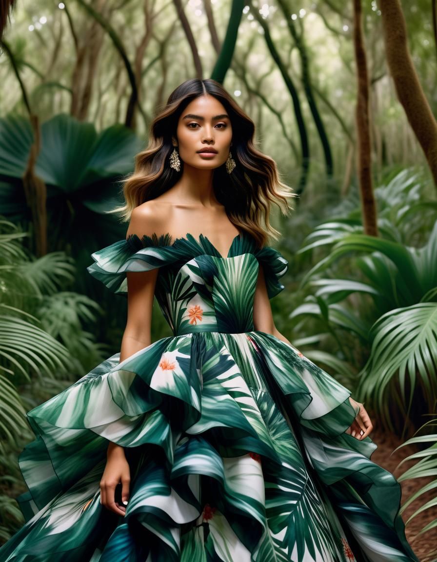 Mexican Model in Botanical Gown for Vogue Photoshoot