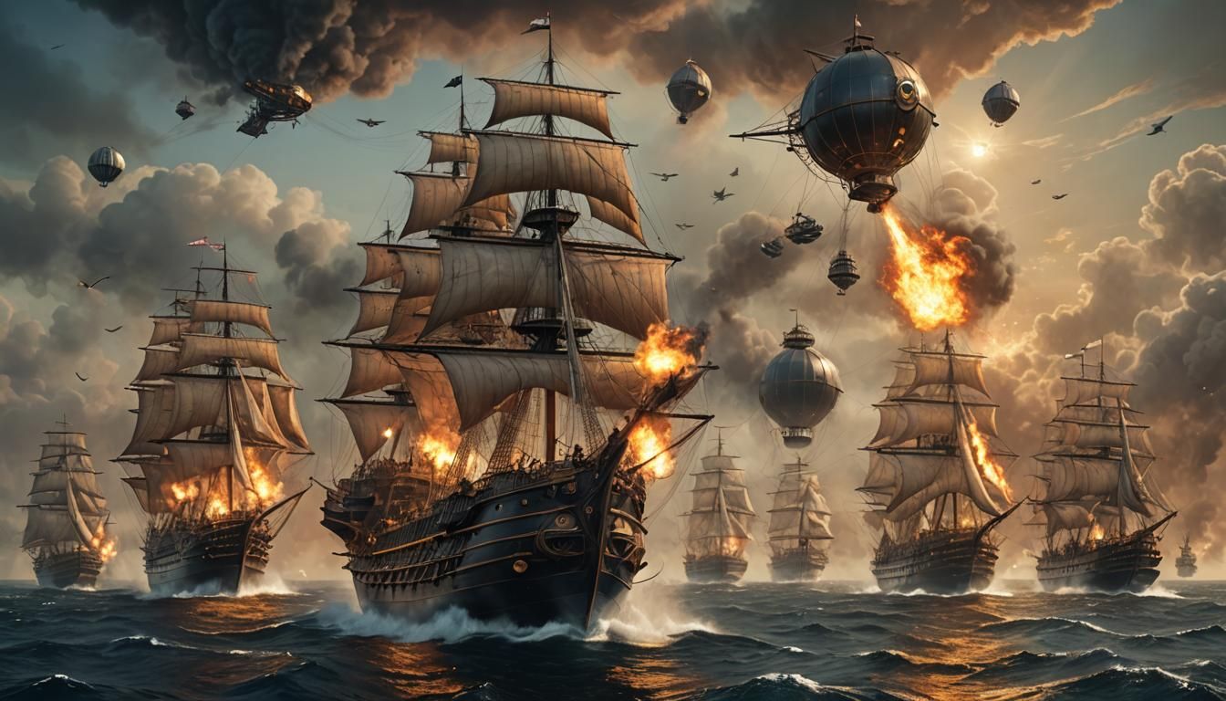 Gothic Steampunk Airship Engages Victorian Clipper Fleet