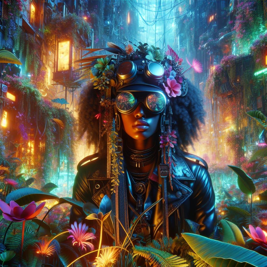Steampunk Aviator in Neon Jungle: Fantasy Matte Painting