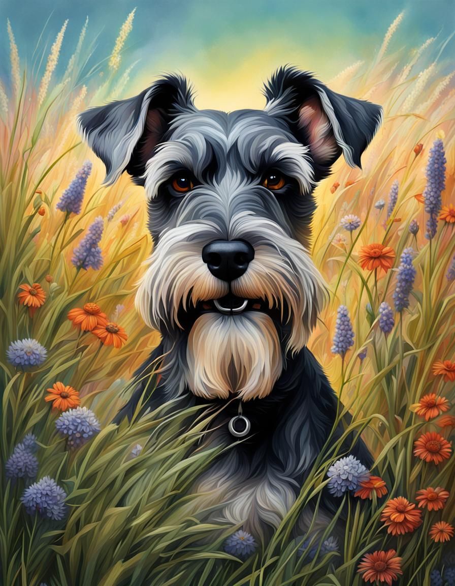 Hyperrealistic Portrait of a Schnauzer in Wildflowers