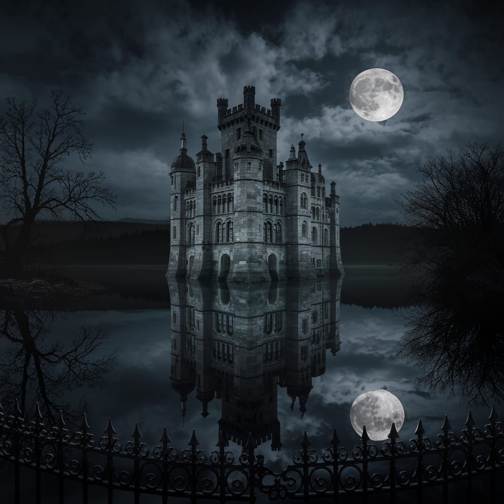 Eerie Gothic Castle on Dark Lake Under Full Moon