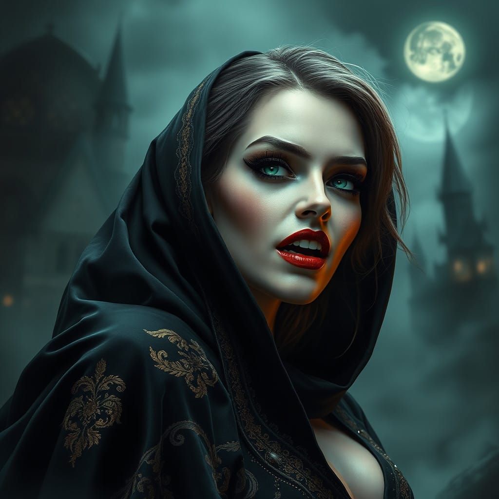Gothic Vampire Goddess with Emerald Eyes and Crimson Lips