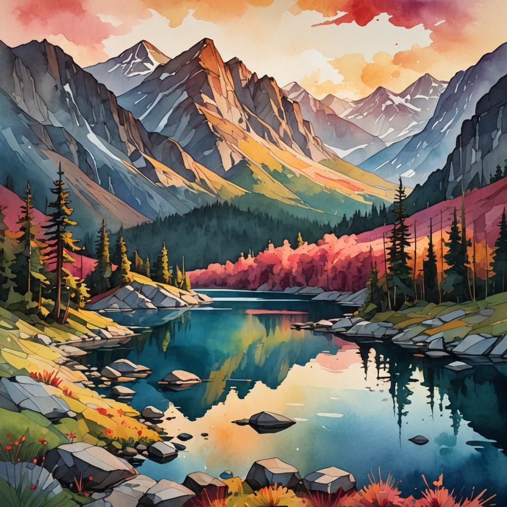 Watercolor Lake Landscape with Geometric Elements