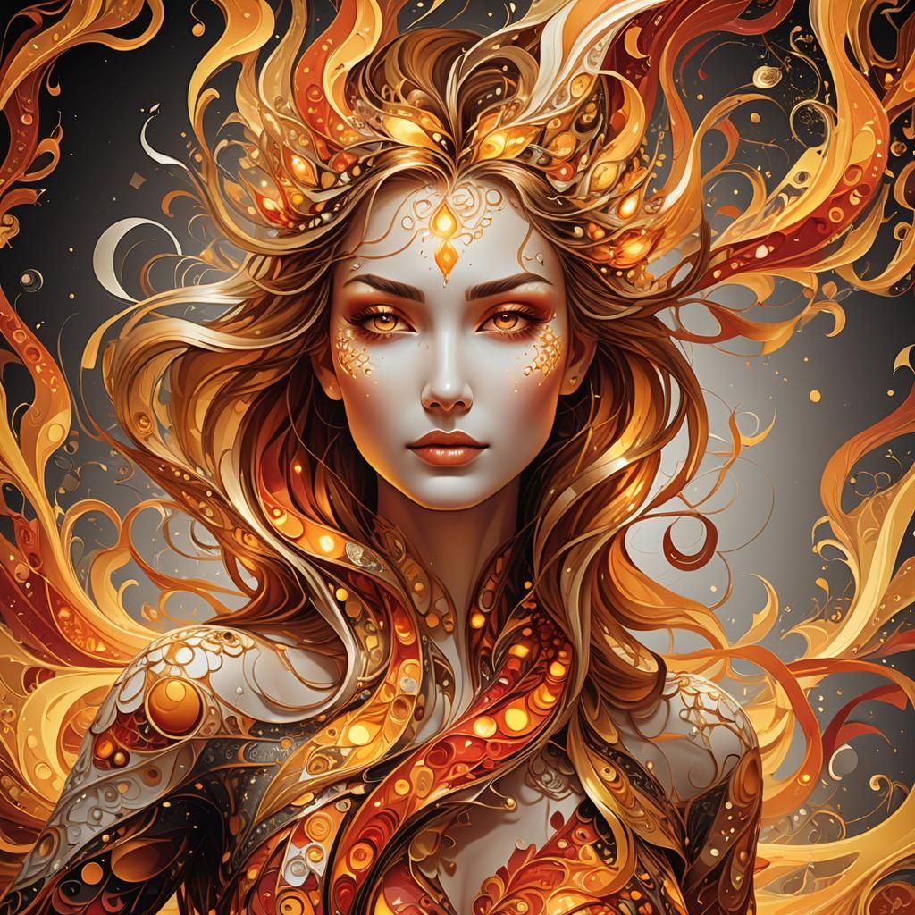 Flaming Woman Portrait with Abstract Fractal Design