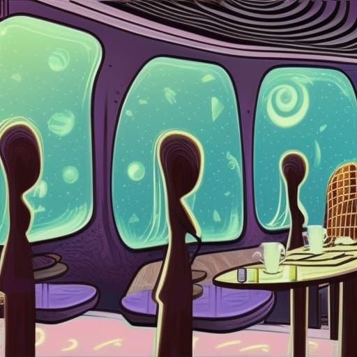 Cozy Alien Coffee Shop in Space