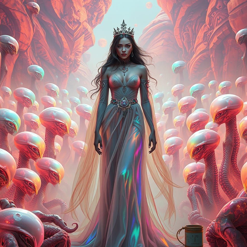 Regal Human Amidst Vibrant, Dreamlike Aliens