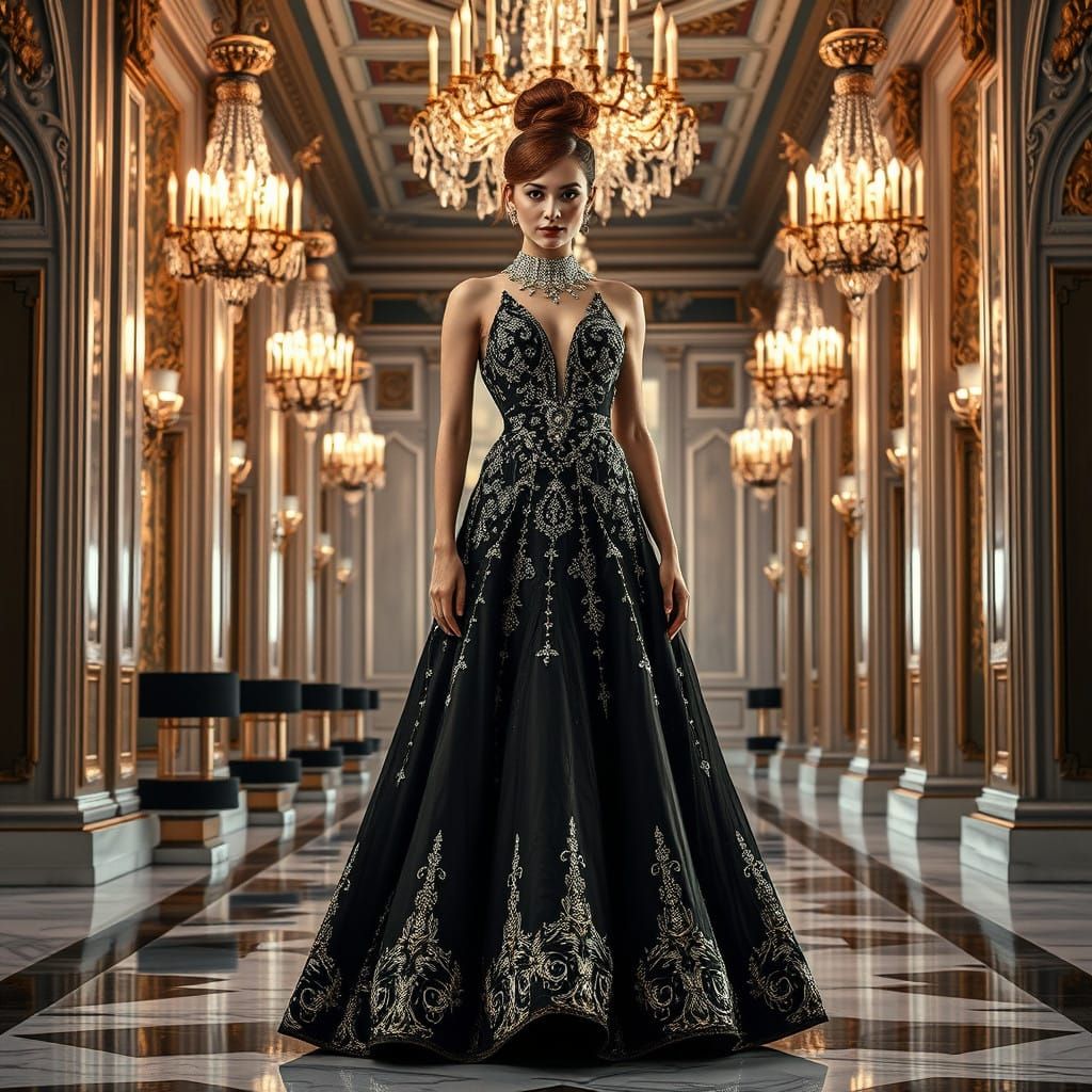 Elegant Woman in Crystal-Encrusted Ball Gown Amidst Baroque...