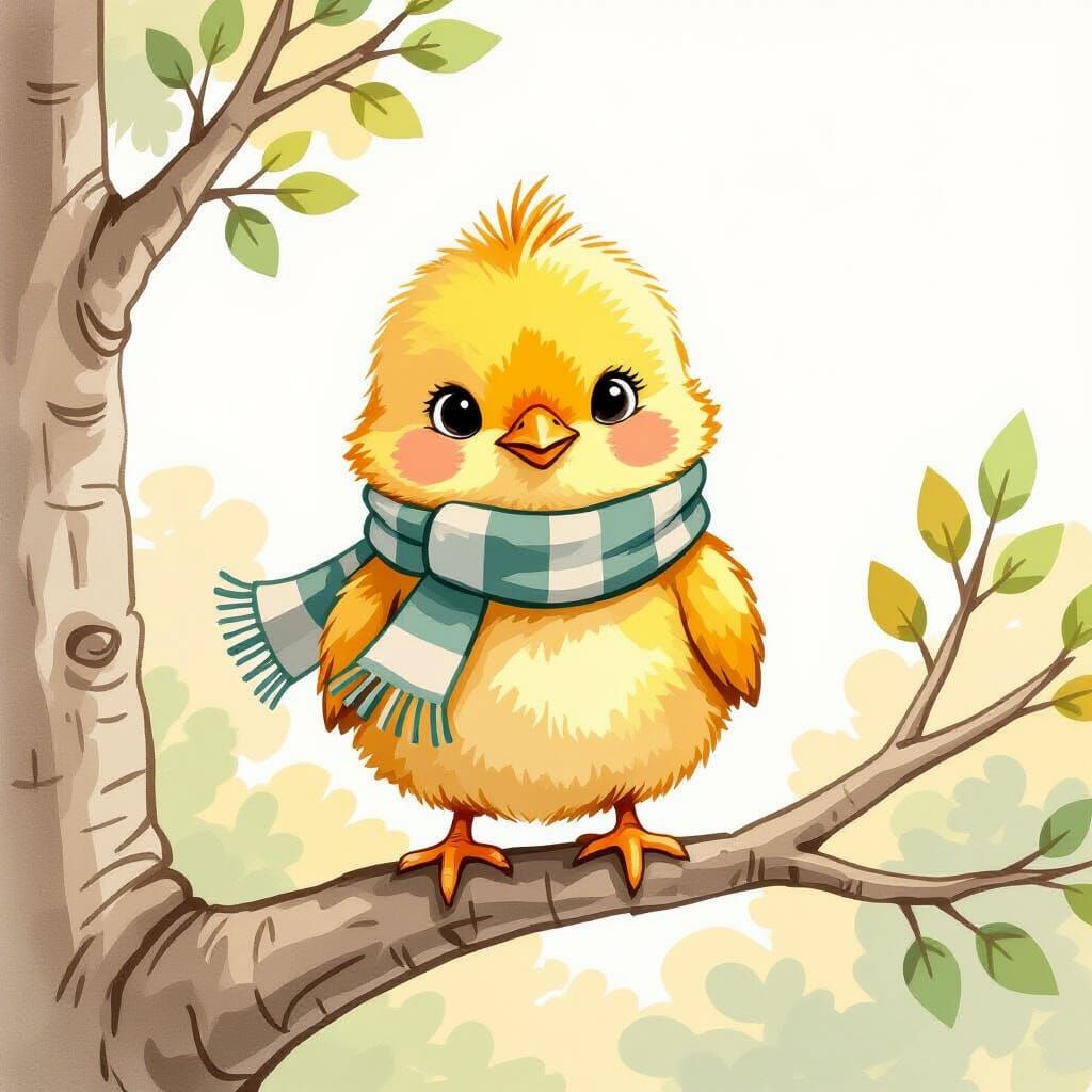 Grumpy Chick on Branch in Whimsical Watercolor Style