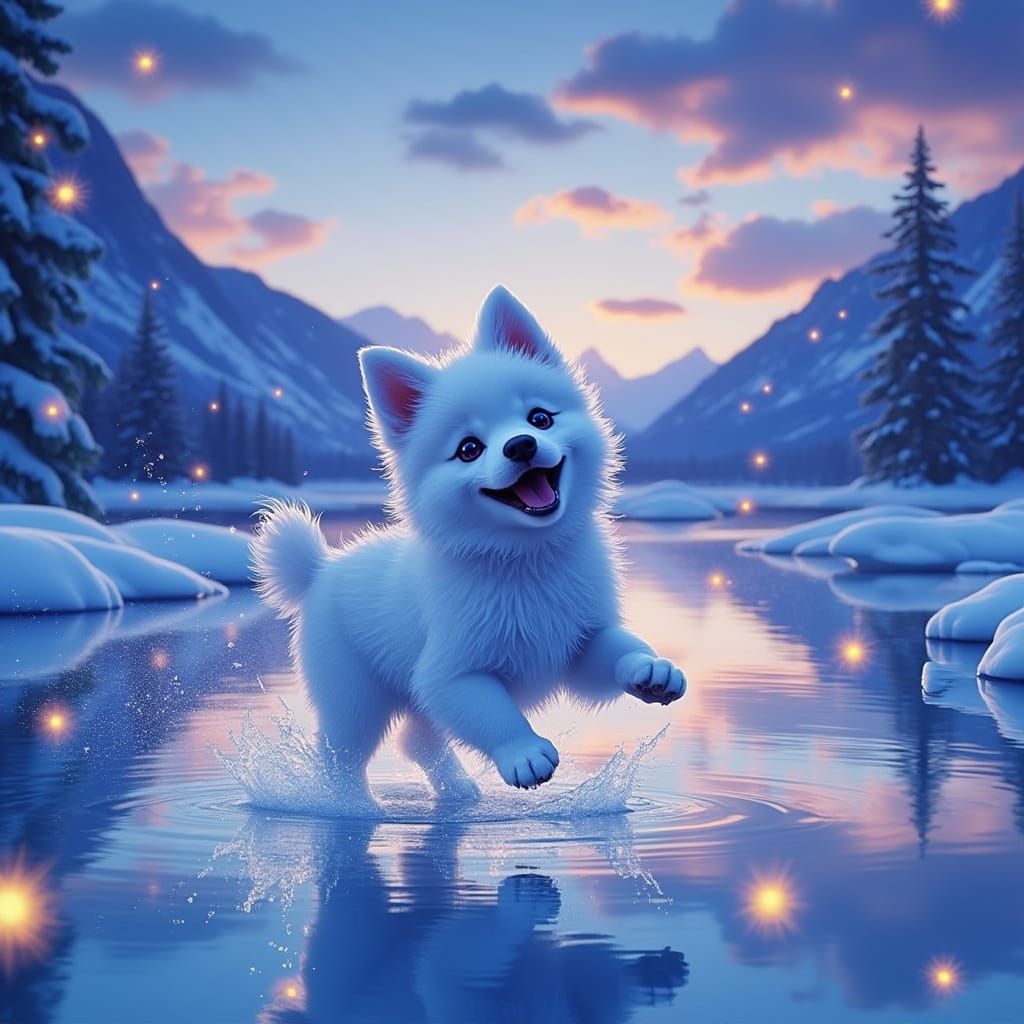 Serene Ice Puppy in Whimsical Snowy Landscape