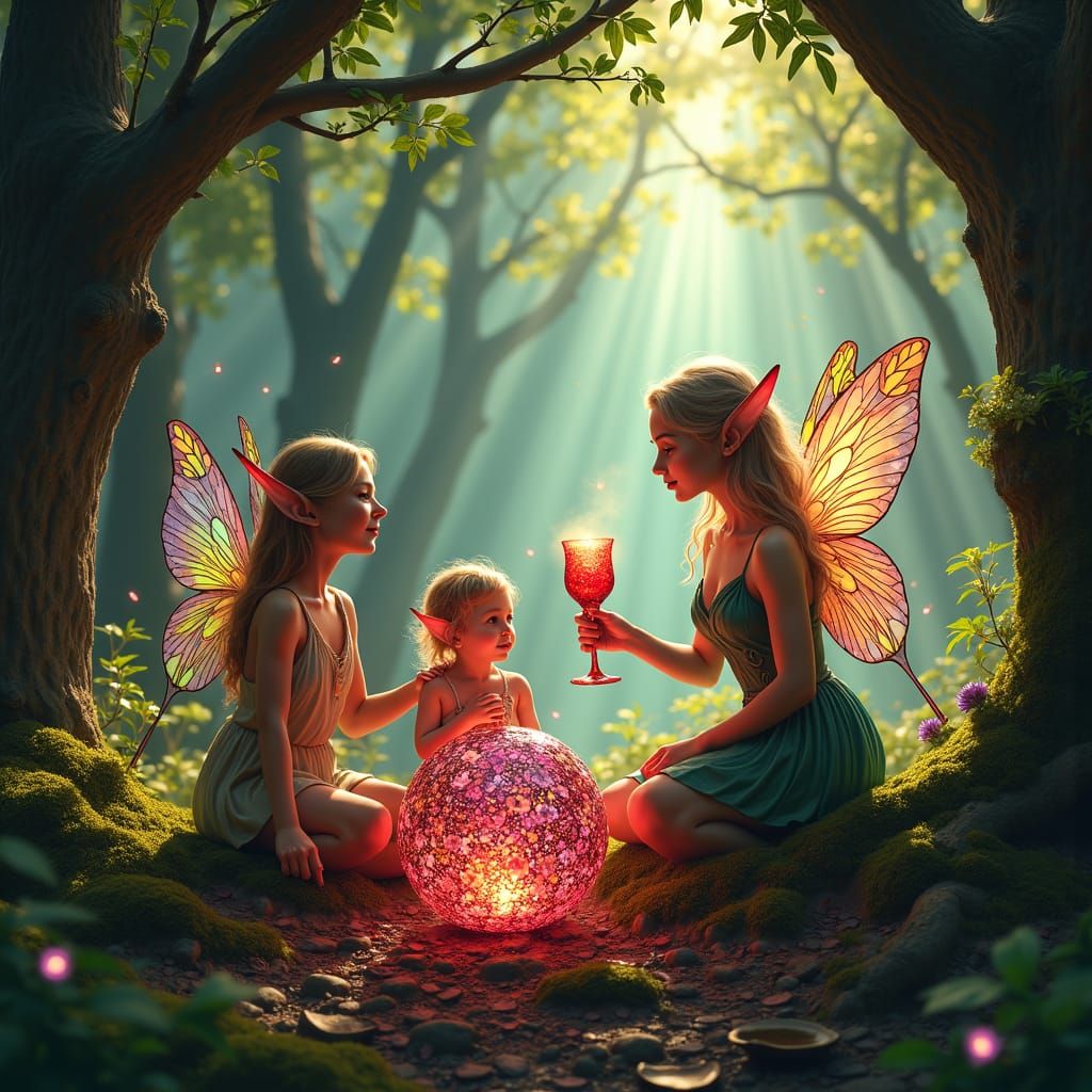 Fairies and Elves in Enchanted Forest Clearing