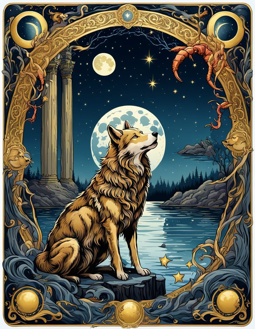 The Moon Tarot Card in Art Nouveau Style