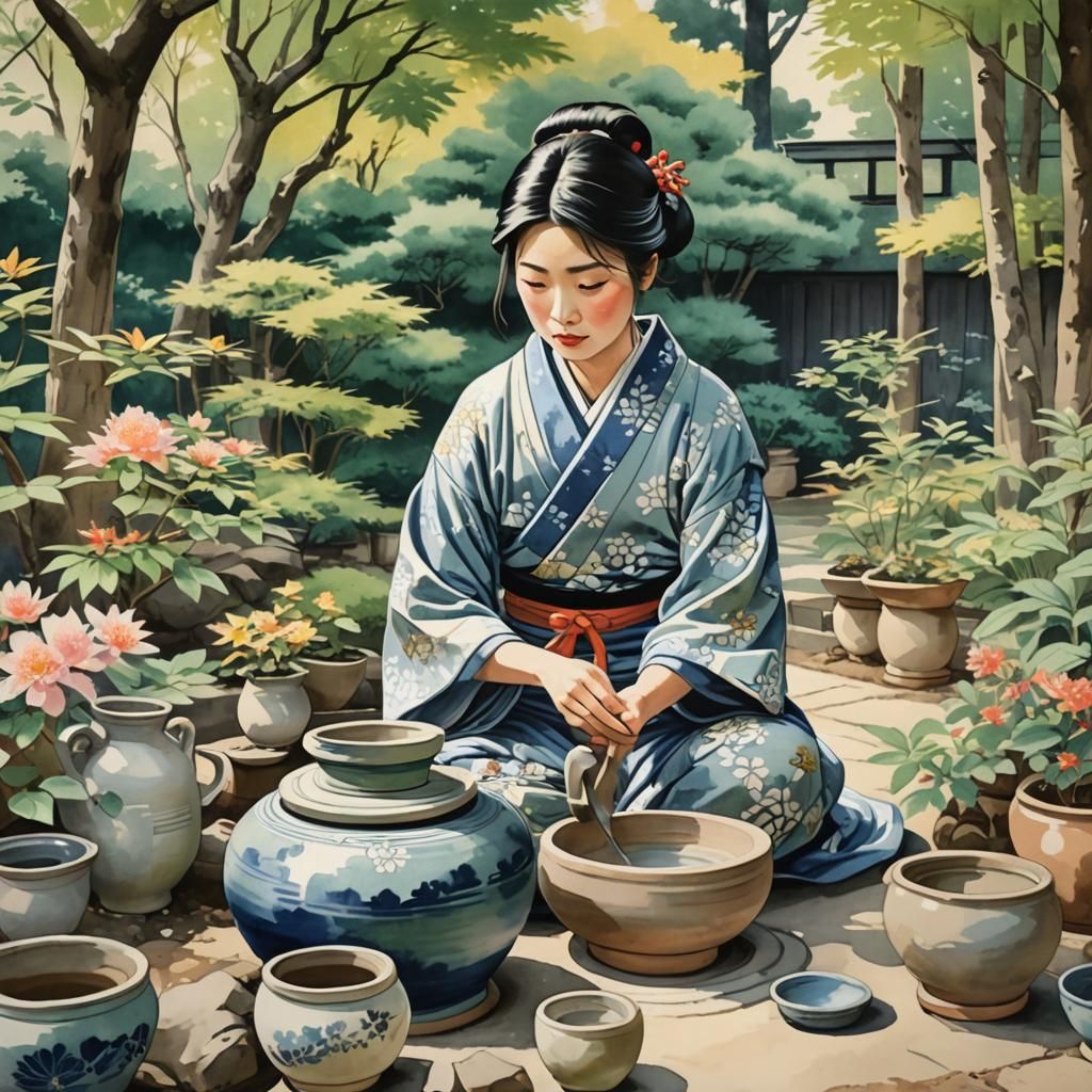 a Japanese woman making ceramics