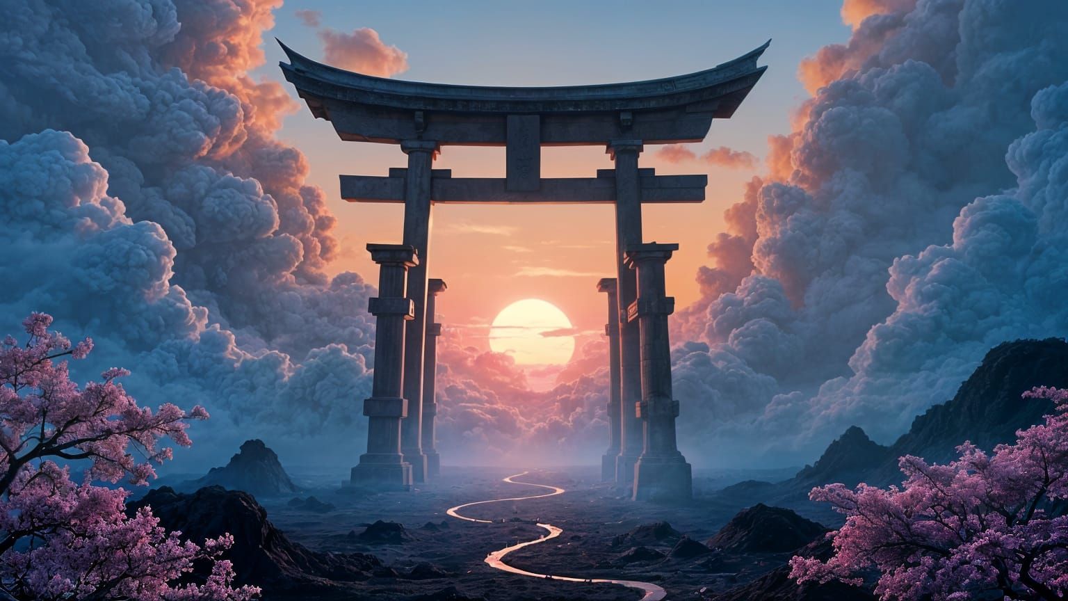 Surreal Dreamscape: Torii Gate Over Hawaiian Lava Field