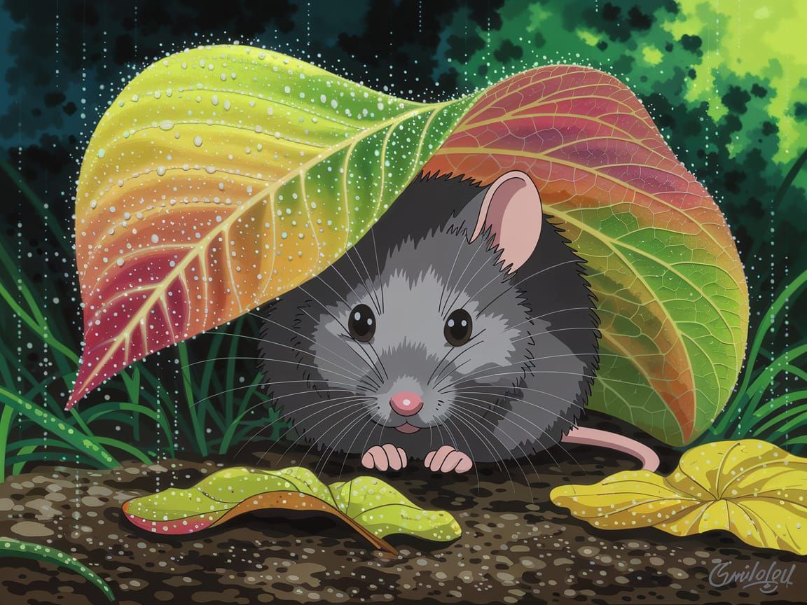 Fluffy Mouse Hides Under Dewy Leaf in Dramatic Autumn Scene