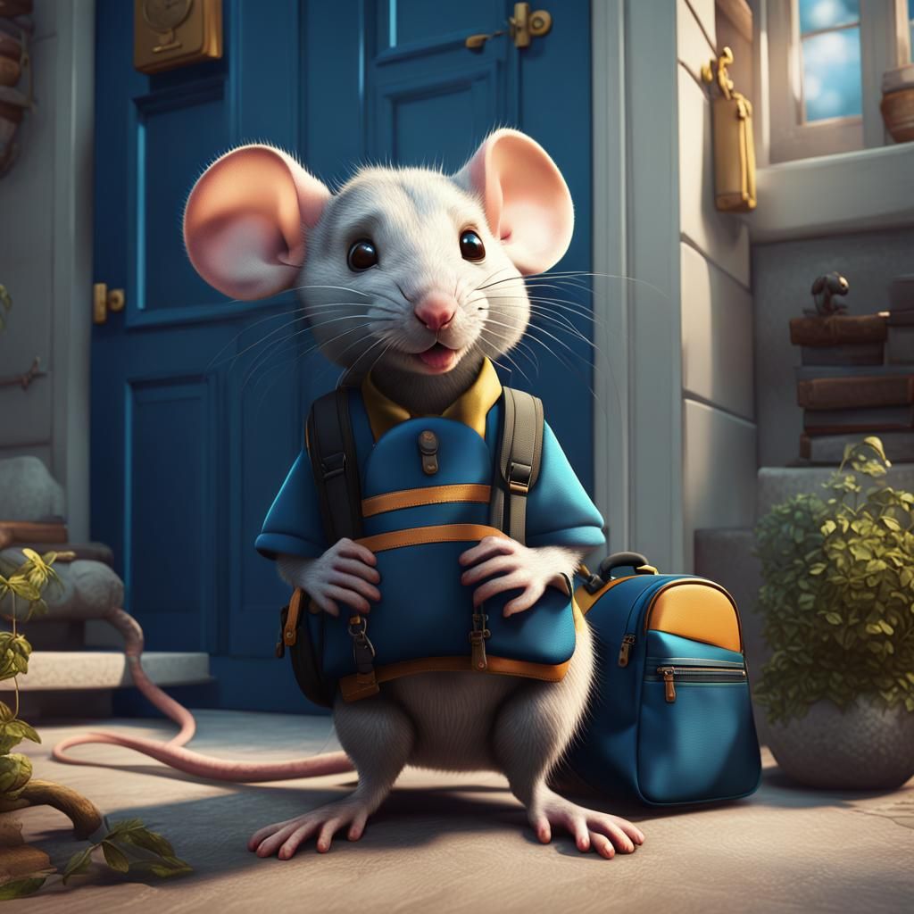 Rat Student Waiting by Modern Home, Detailed Matte Painting