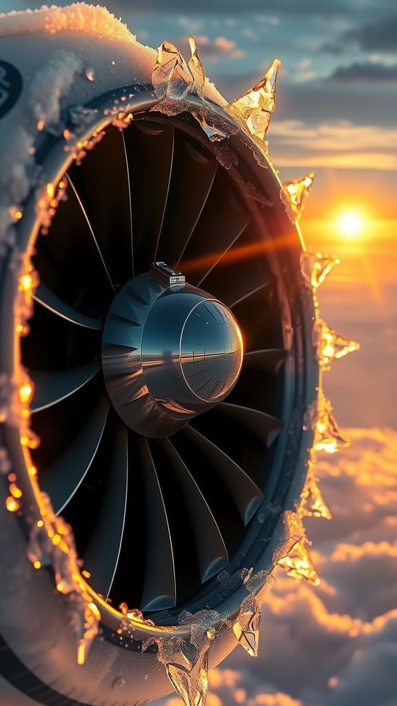 Majestic Airplane Turbine with Delicate Water Crystals and K...