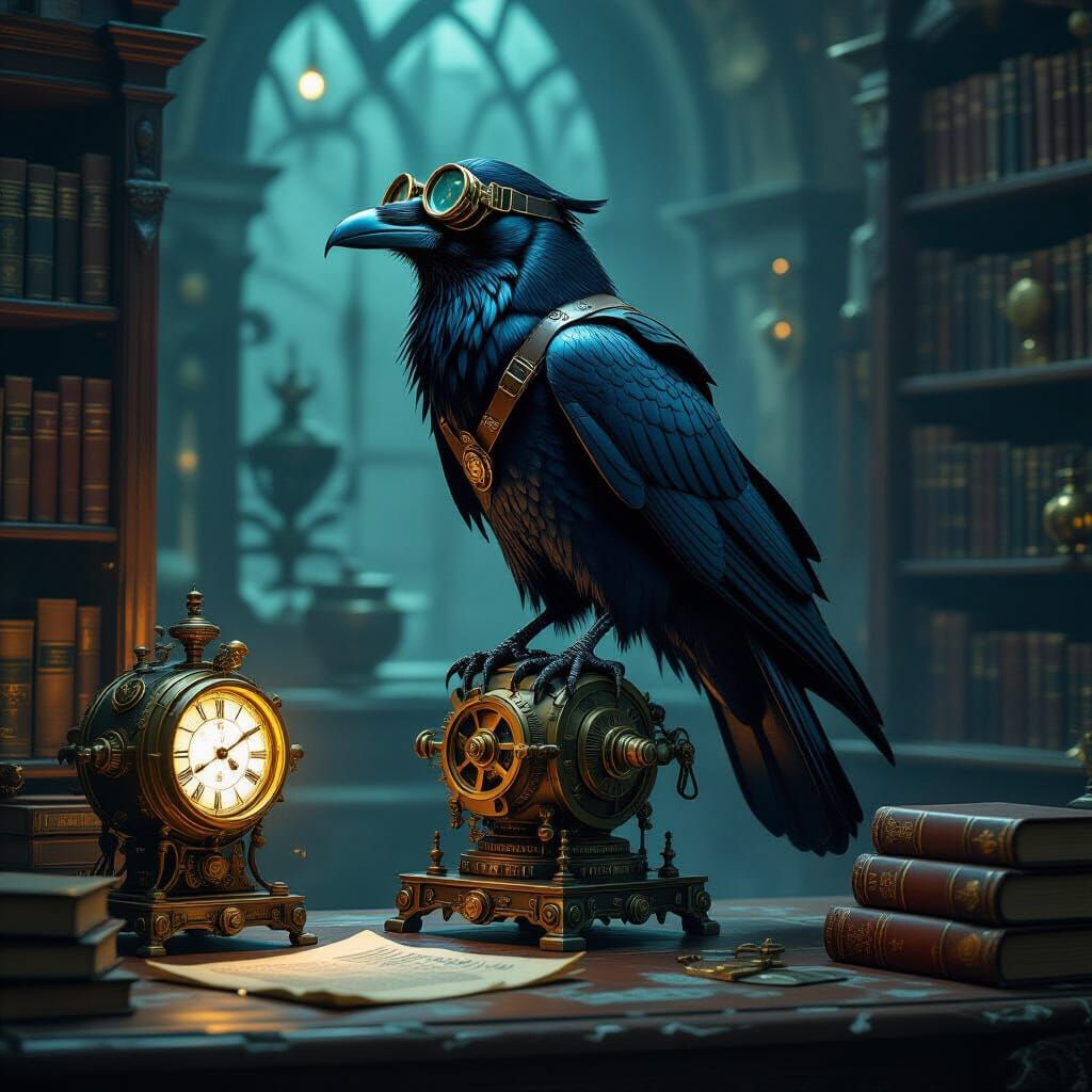 Raven on Automaton in Dimly Lit Victorian Kitchen