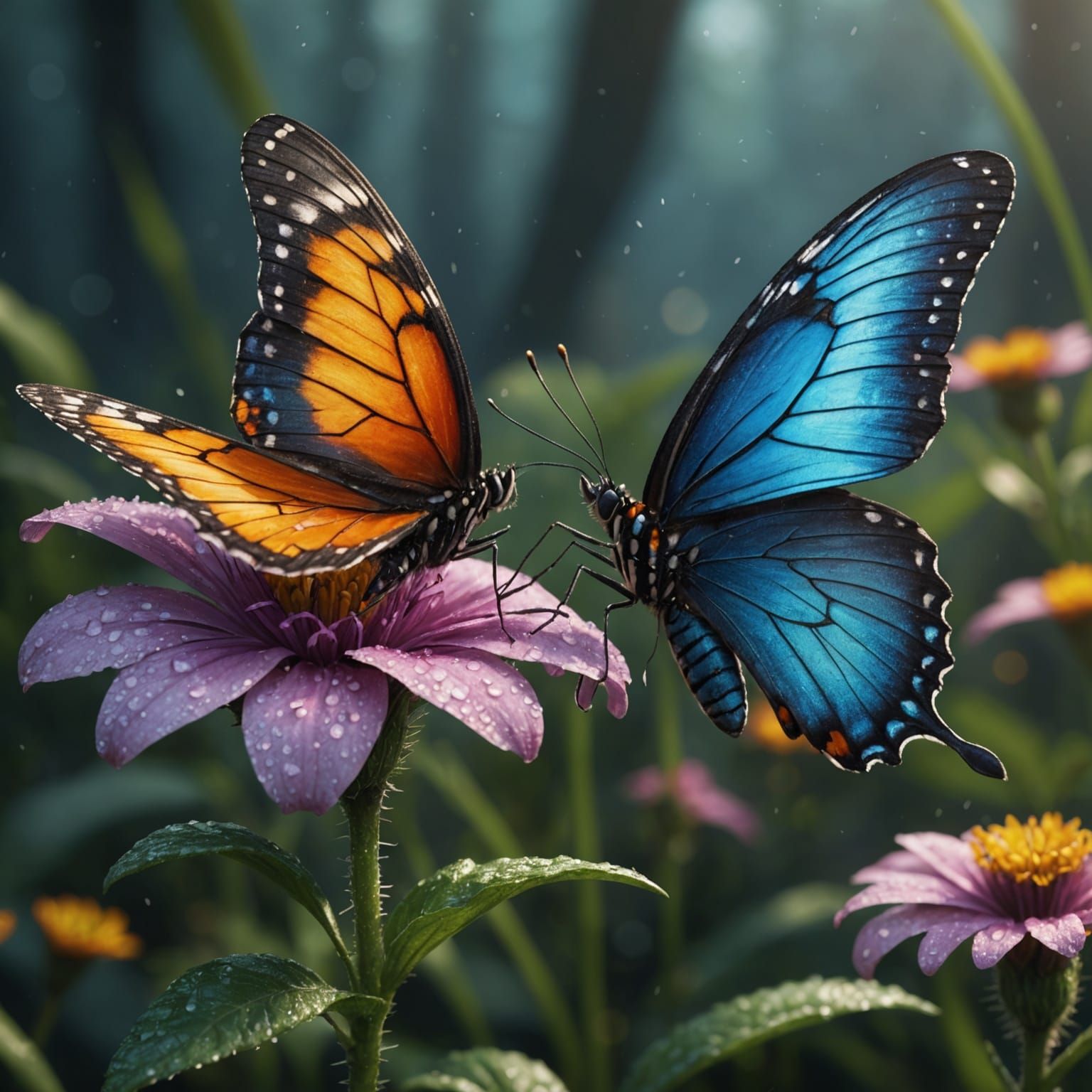 Dew-Kissed Flower with Butterfly, Detailed Matte Painting