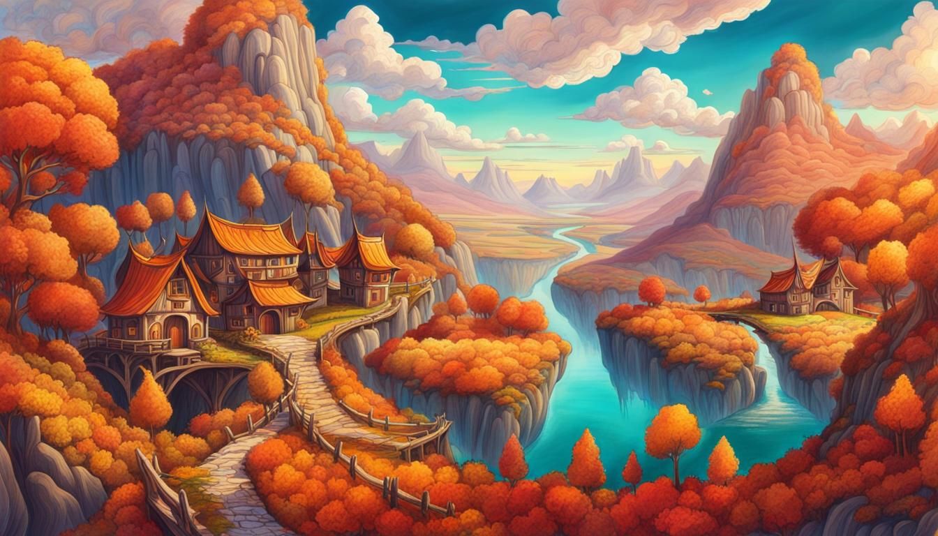 Fantasy Autumnal Valley with Floating Islands