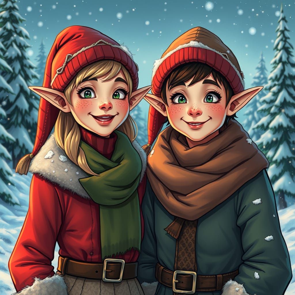 Happy Elves in Snowy North Pole Landscape
