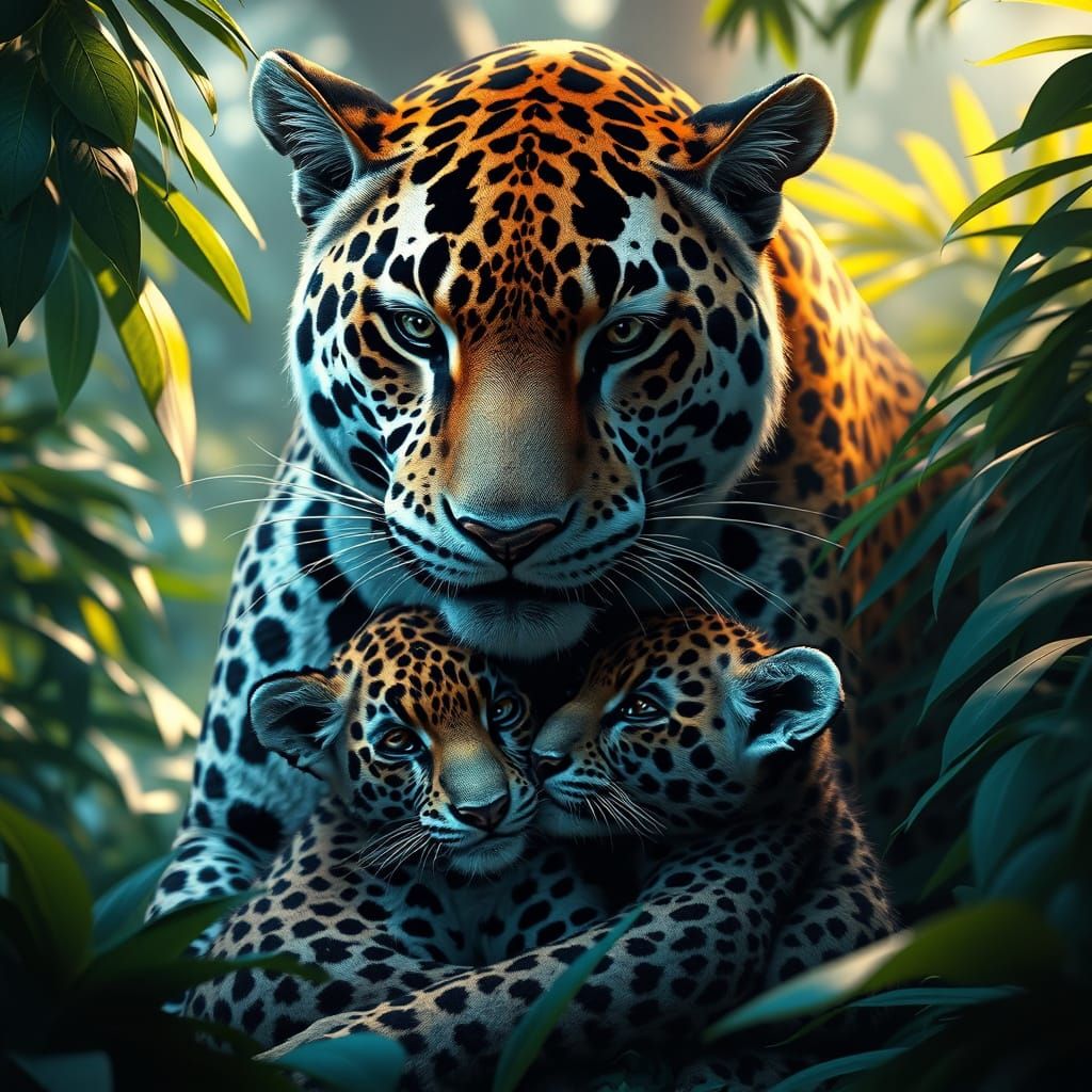Tender Jaguar Mother and Cub Portrait