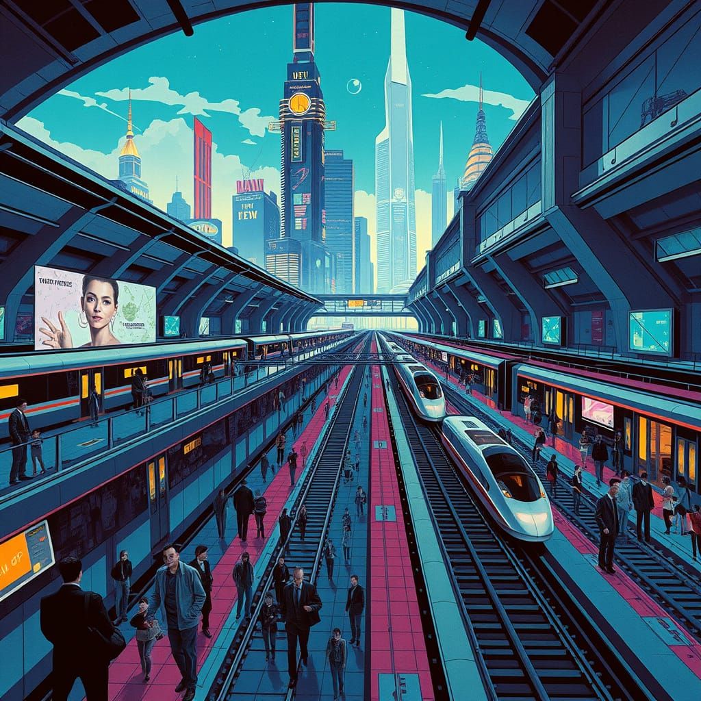Futuristic Train Station in Cyberpunk Art Deco Style