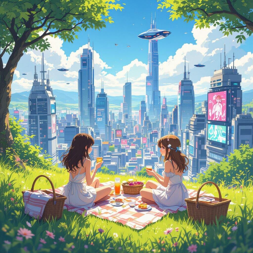 Anime Girls Picnic Overlooking Futuristic Cityscape