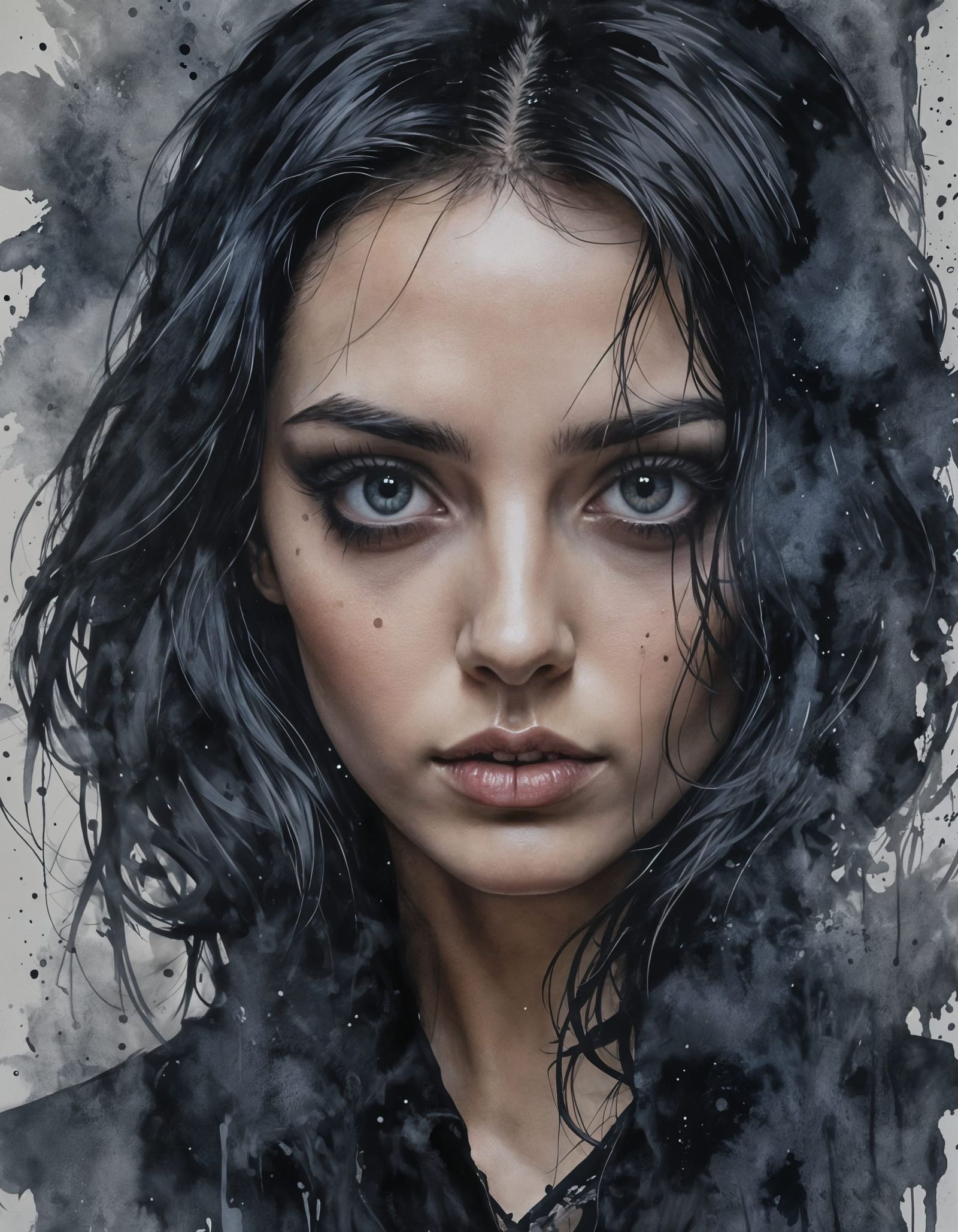 Mesmerizing Goth Woman Portrait in Watercolour Style