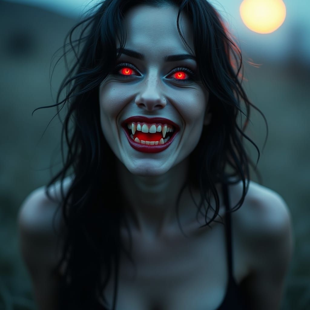 Mesmerizing Vampire Woman in Eerie Outdoor Setting