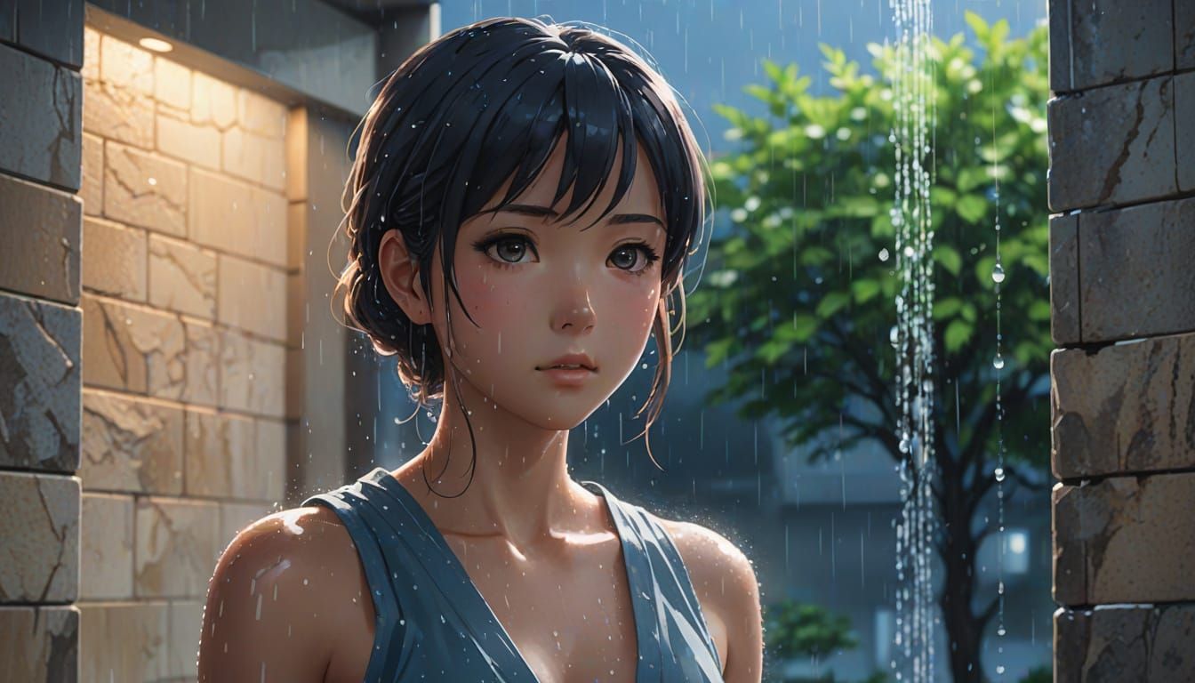 Anime Girl in Serene Shower Scene with Vibrant Blue Accents