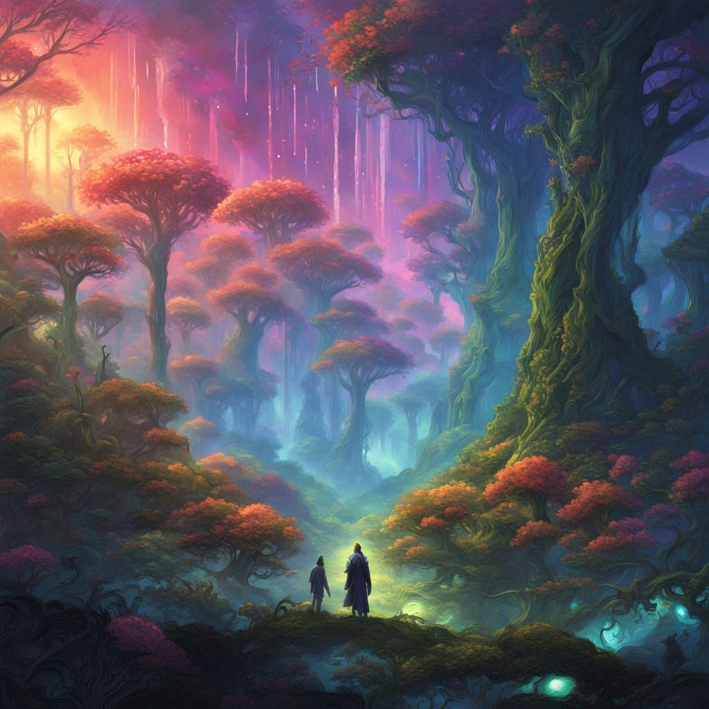 Alien Explorer in Bioluminescent Forest at Sunrise