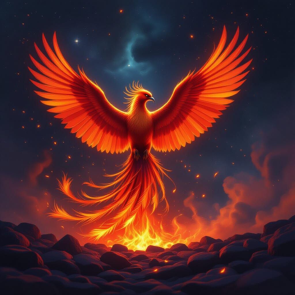Majestic Phoenix Rises From Glowing Embers in Cosmic Nebula
