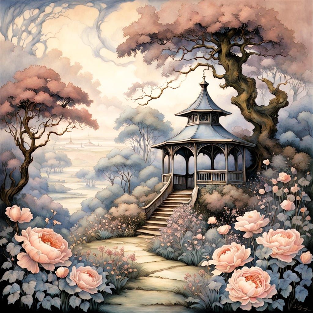 Ethereal English Garden Scene in Whimsical Pre-Raphaelite St...