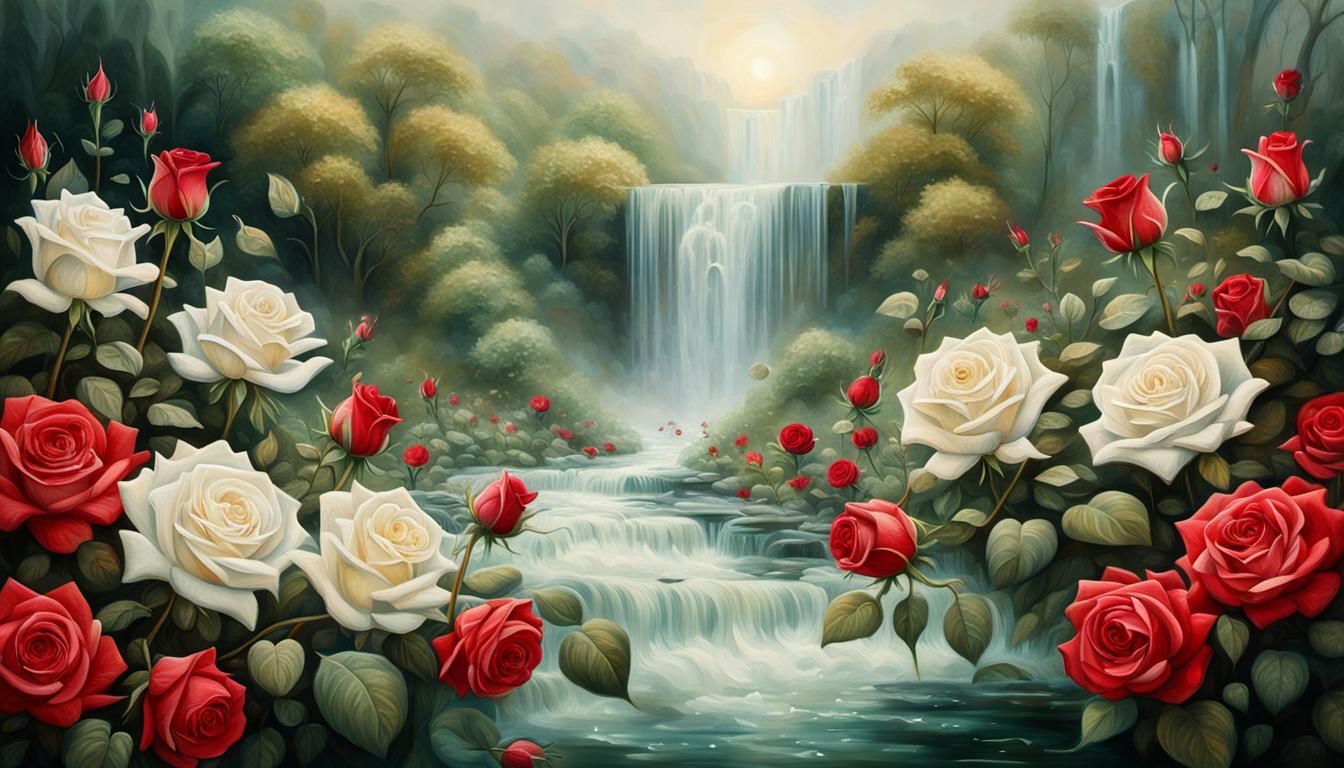 Surreal Landscape with Waterfall and Roses